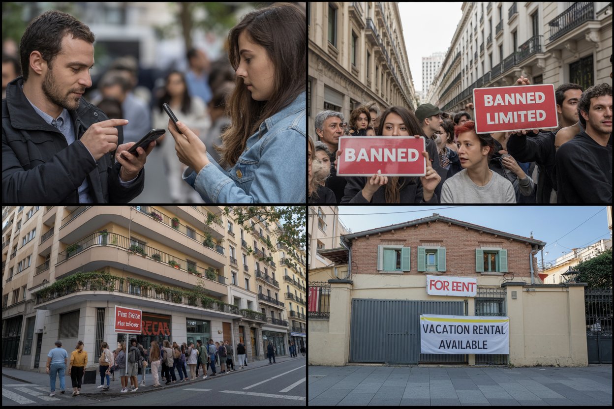 Featured composite overlay collage image a composite image combining: tourists browsing airbnb listings on their phones in new york, paris, barcelona, and athens, overlaid with red "banned" or "limited" signs. A local resident protest in front of an airbnb-listed building in barcelona, emphasizing the housing affordability crisis. A house with a "for rent" sign being replaced by a "vacation rental available" notice, highlighting the loss of housing for local families.