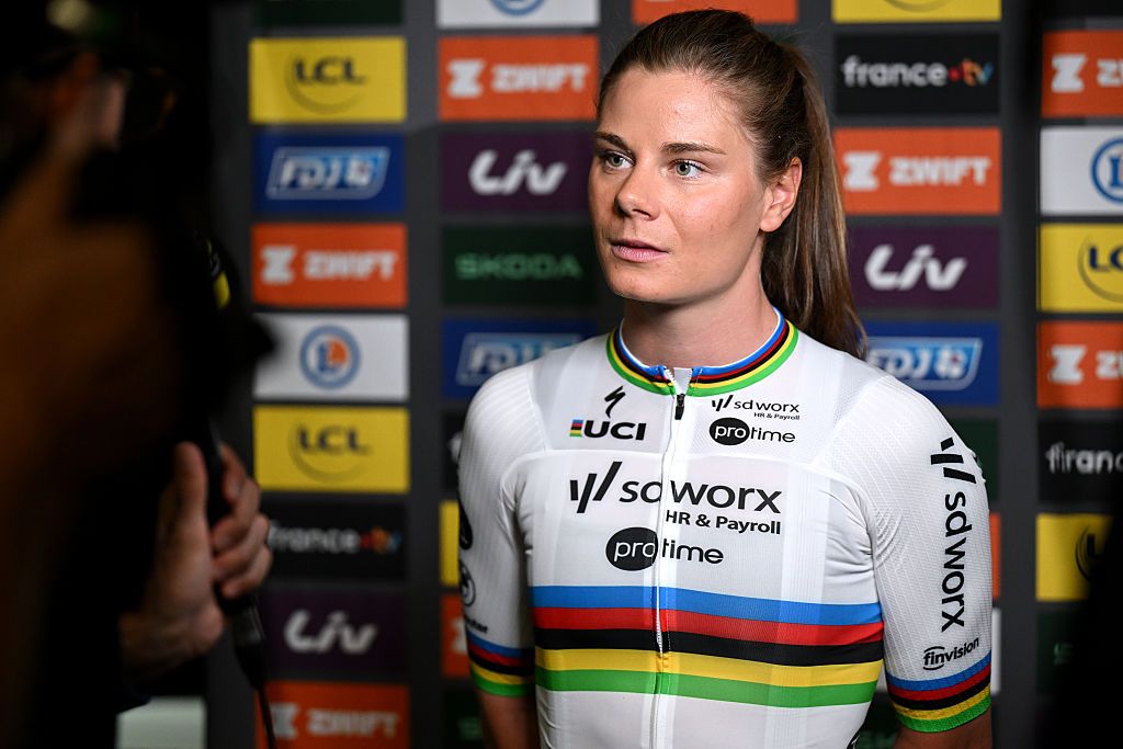 VANNES, FRANCE - JULY 25: Lotte Kopecky of Belgium and Team SD Worx - Protime during the Top Riders Press Conference prior to the 4th Tour de France Femmes 2025 / #UCIWWT / on July 25, 2025 in Vannes, France. (Photo by Szymon Gruchalski/Getty Images)