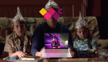 A still frame from Signs, in which the actors are wearing tinfoil hats.