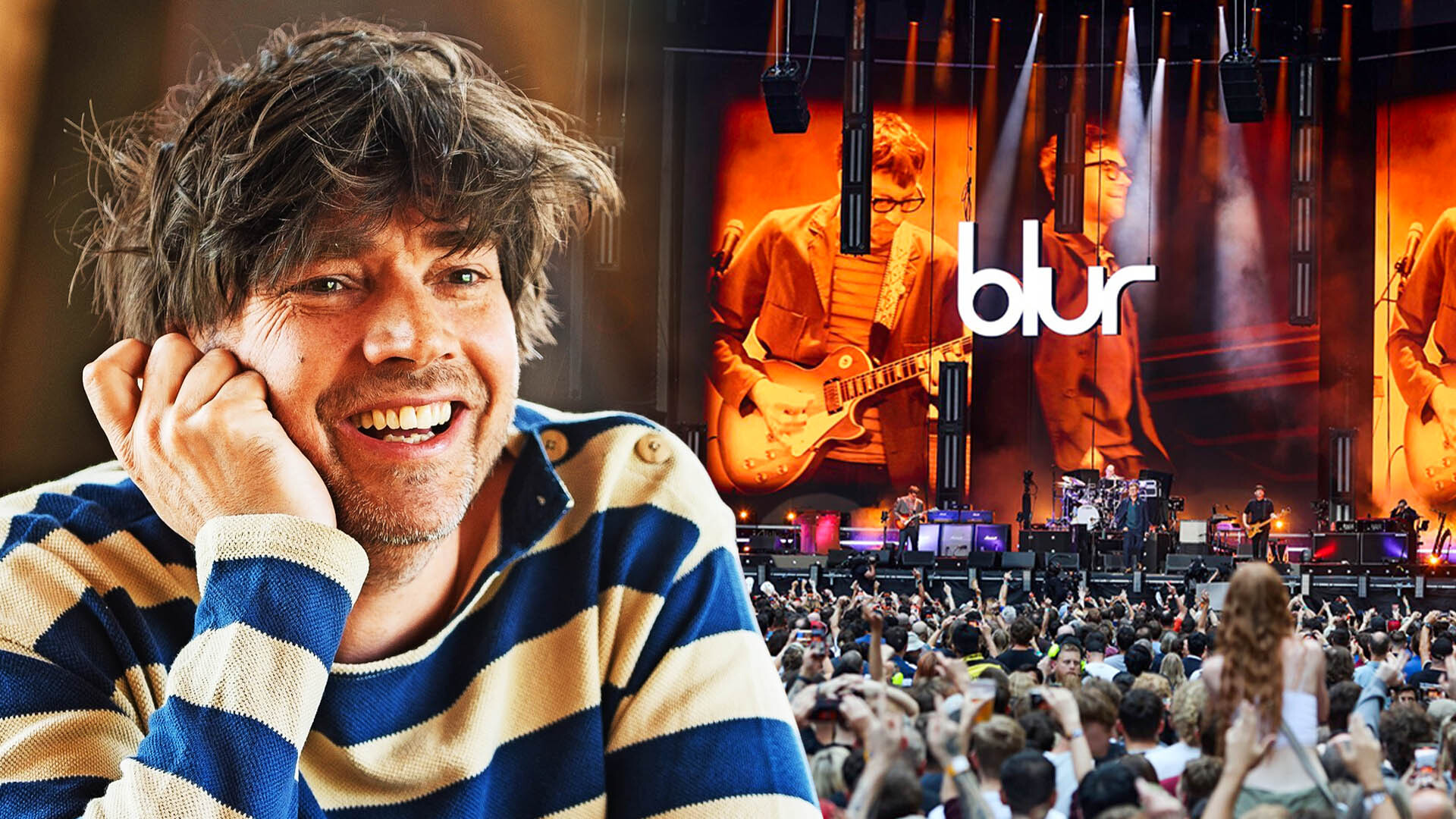 Collage of Damon Albarn smiling and a live Blur concert.