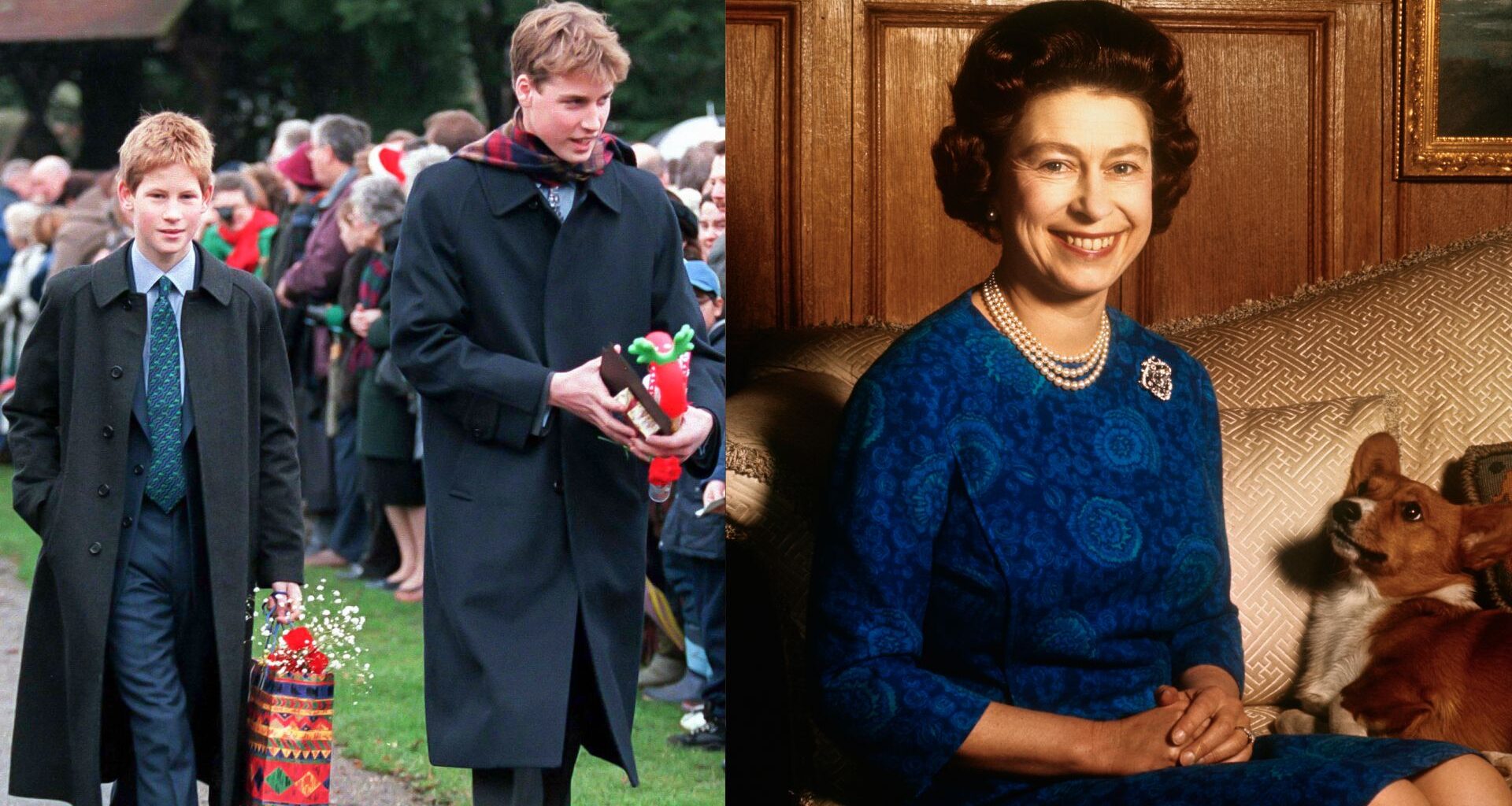 Prince William and Prince Harry walking with gifts on Christmas; Queen Elizabeth sitting in a blue dress next to a corgi