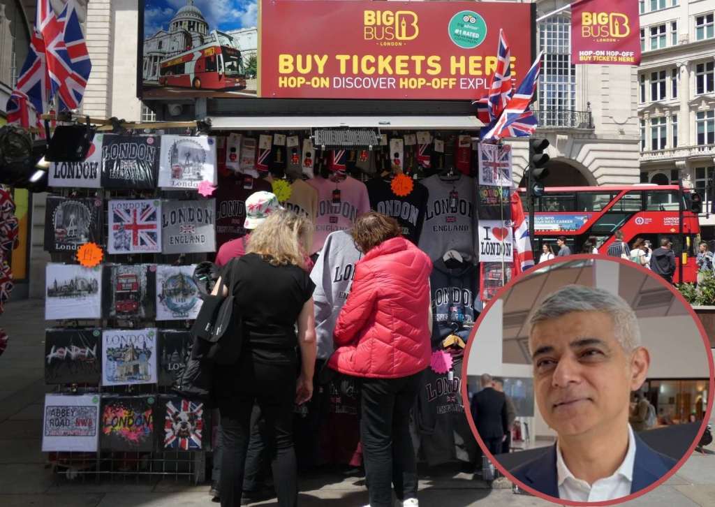Tourists in the West End and (inset, credit LDRS) Sadiq Khan