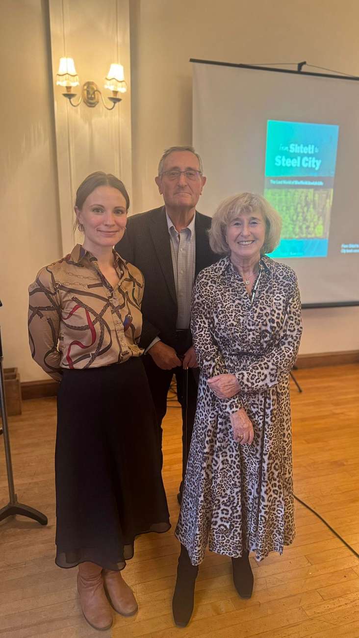 Judy Simons (right) with archivist Frankie Drummond Charig and John Cohen, chair of the Jane Goodman Trust, at the launch of Judy's book, From Shtetl to Steel City (Photo: courtesy)