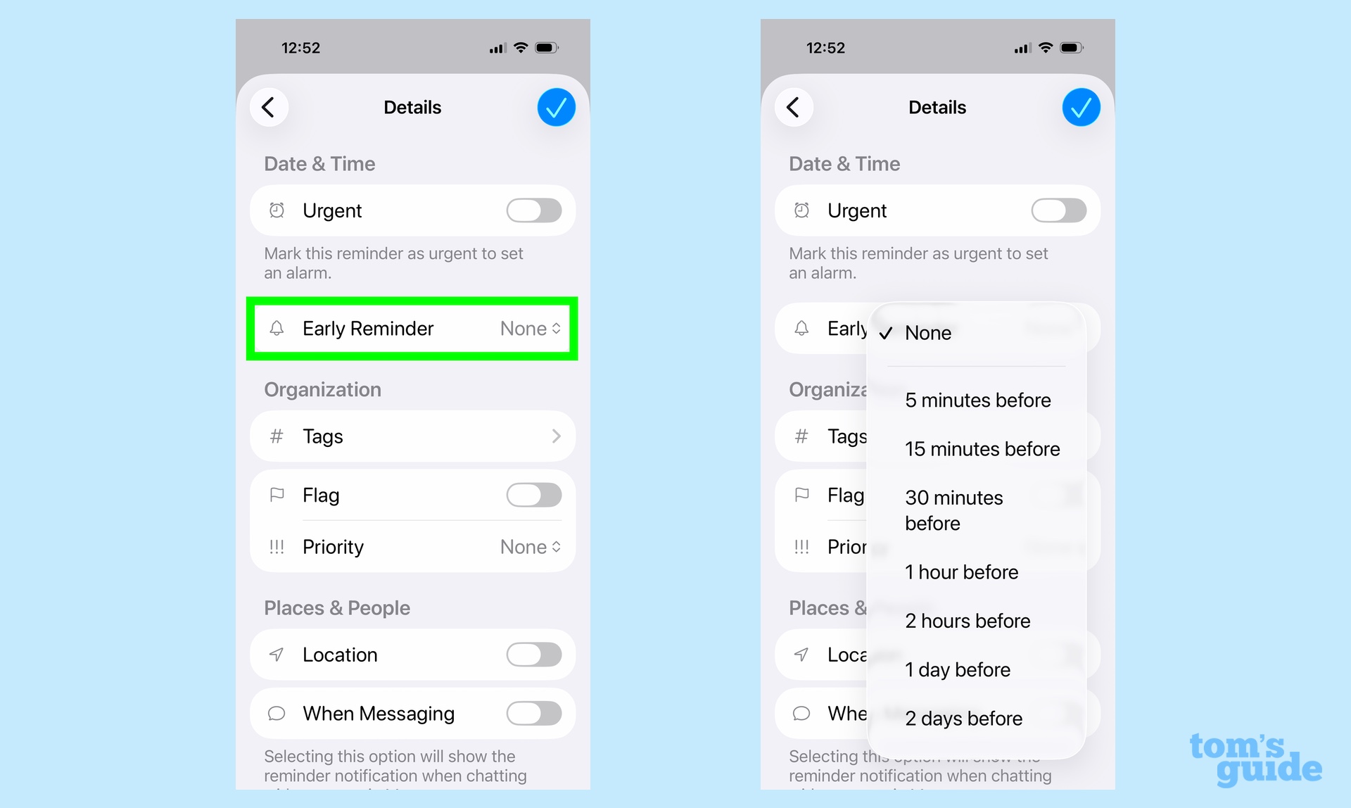 setting an Early Reminder in iOS 26 Reminders