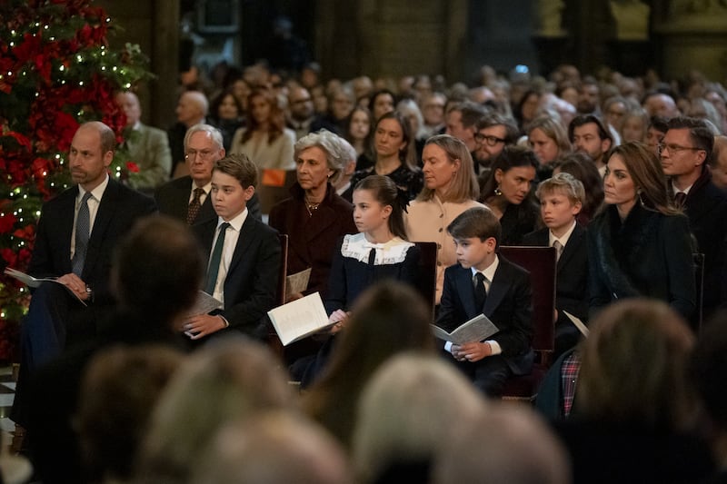 LONDON, ENGLAND - DECEMBER 5: The Prince of Wales, Prince George, Princess Charlotte, Prince Louis and Catherine, Princess of Wales during the Together At Christmas carol service at Westminster Abbey on December 5, 2025 in London, England. Led by The Princess and supported by The Royal Foundation, the annual event offered a chance to pause and reflect on the values of love, compassion, and the connections we share. The service also highlighted remarkable individuals from across the UK who have demonstrated extraordinary kindness, empathy, and support within their communities. (Photo by Aaron Chown - Pool/Getty Images)