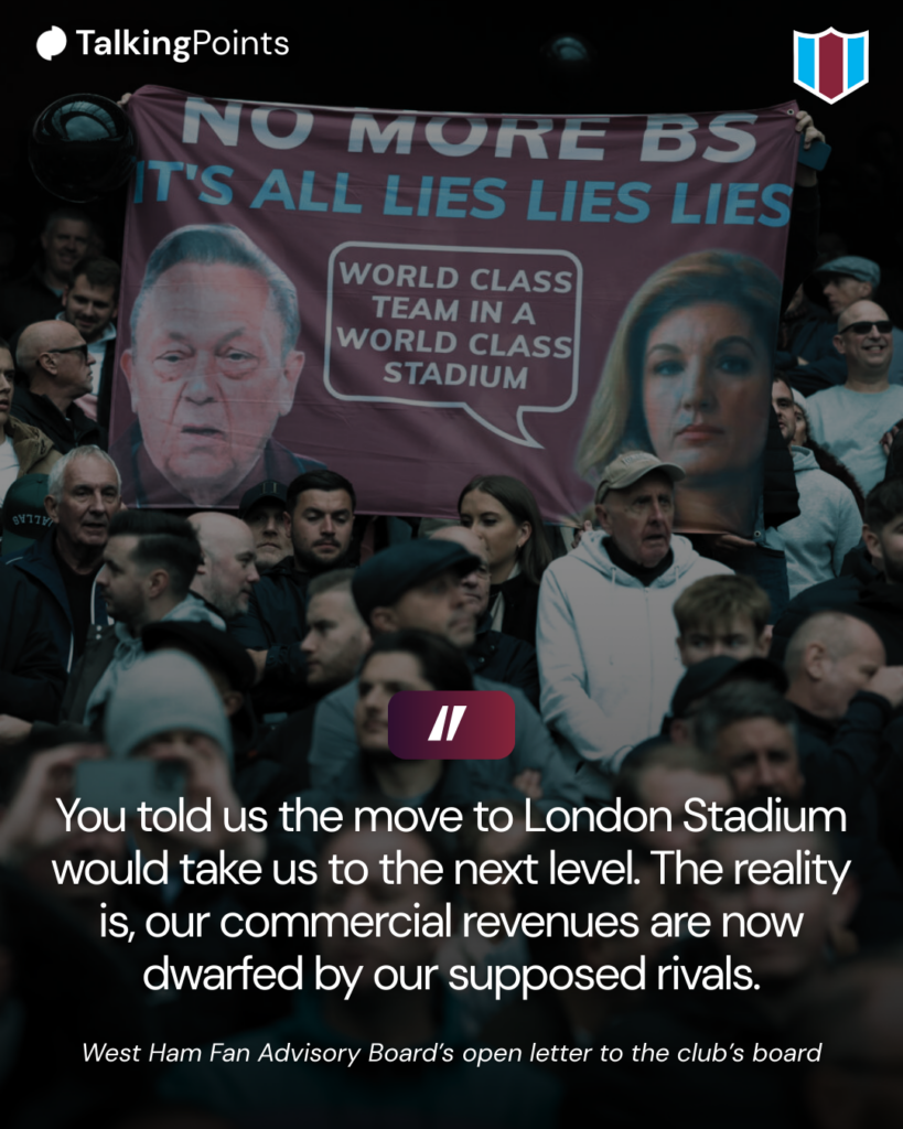 Talking Points graphic featuring West Ham fans' protests against David Sullivan and Karren Brady