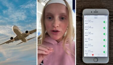 flight takes off (l) woman shares why she missed her flight (c) alarm on apple phone (r)
