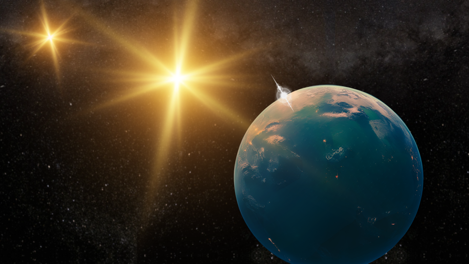 An illustration of the Tatooine-like planet HD 143811 AB b as it orbits its twin parent stars