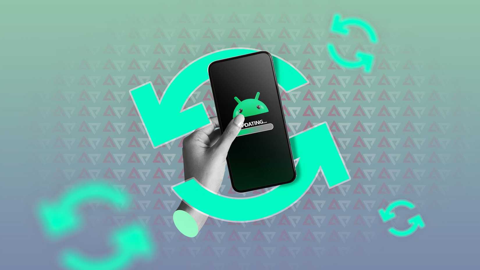 A hand holding a phone with the Android OS being updated.