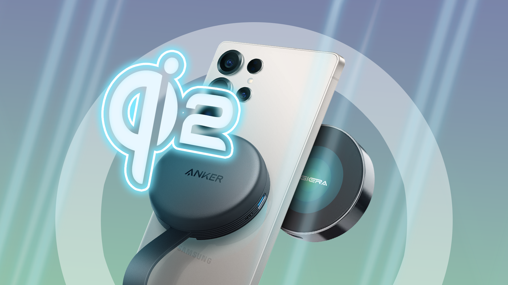 A smartphone with an accessory connected and the Qi2 logo.