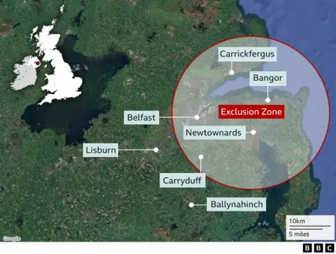 A map of the east of Northern Ireland showing a 20KM exclusion zone that has places such as Bangor, Newtownards, Belfast and Carrickfergus in it.