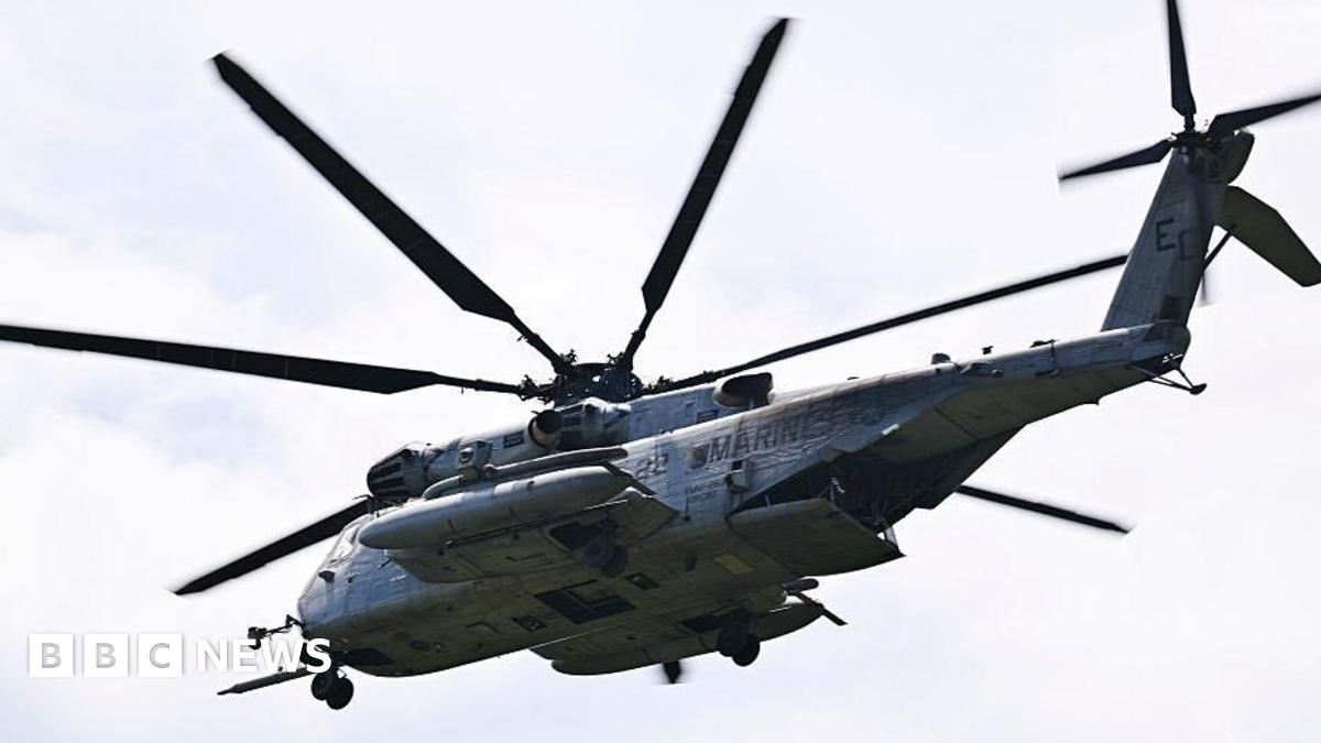 A US Marine Sikorsky CH-53K King Stallion helicopter flies at José Aponte de la Torre Airport in Puerto Rico where forces train to support operations in the Caribbean