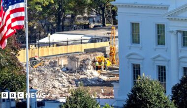 The White House, seen with the historic East Wing demolished nearby