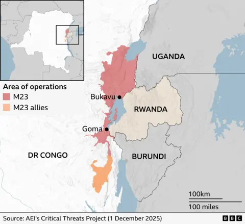 A map of eastern DR Congo and Rwanda, showing the areas of operations of the M23 and its allies