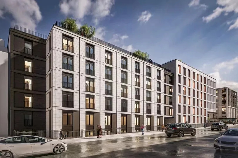 A digital image of the front of a tall modern building.