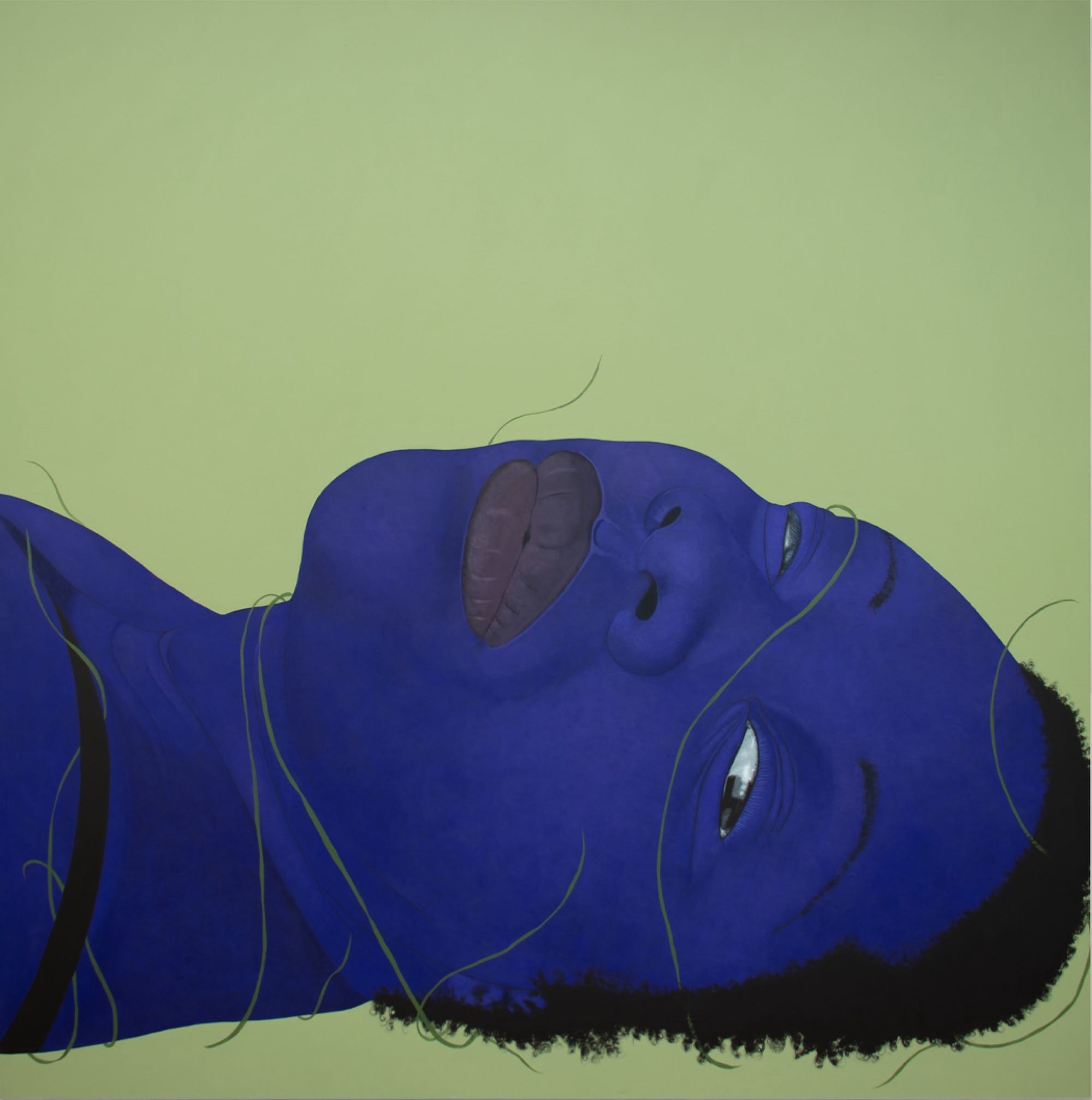 A painting by Stacy Gillian Abe of a blue-toned woman's head and shoulders, laying on the ground against a green background