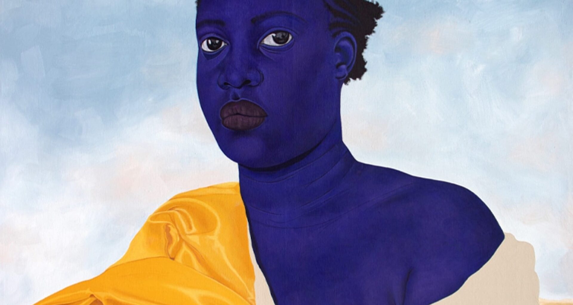 A painting by Stacy Gillian Abe of a blue-toned nude woman seated in front of a blue sky, wearing a toga-like garment