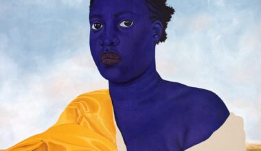 A painting by Stacy Gillian Abe of a blue-toned nude woman seated in front of a blue sky, wearing a toga-like garment