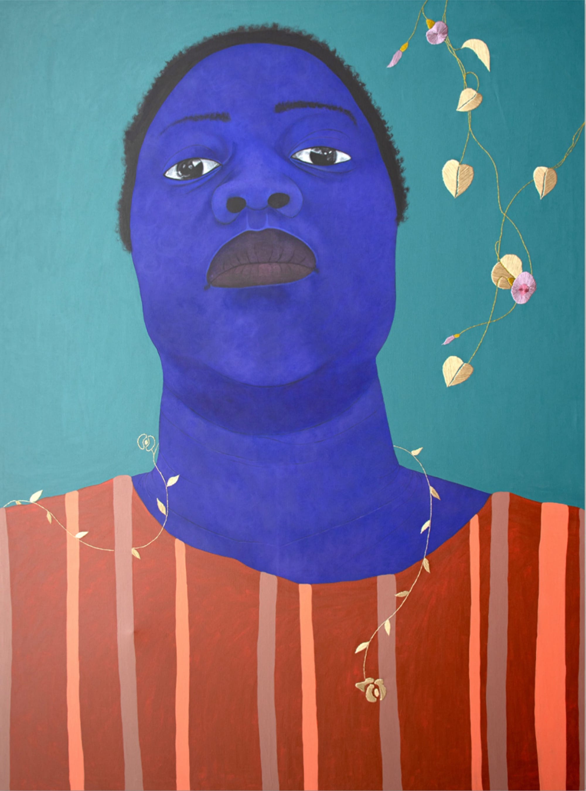 A painting by Stacy Gillian Abe of a blue-toned woman wearing a striped shirt, looking directly at the viewer