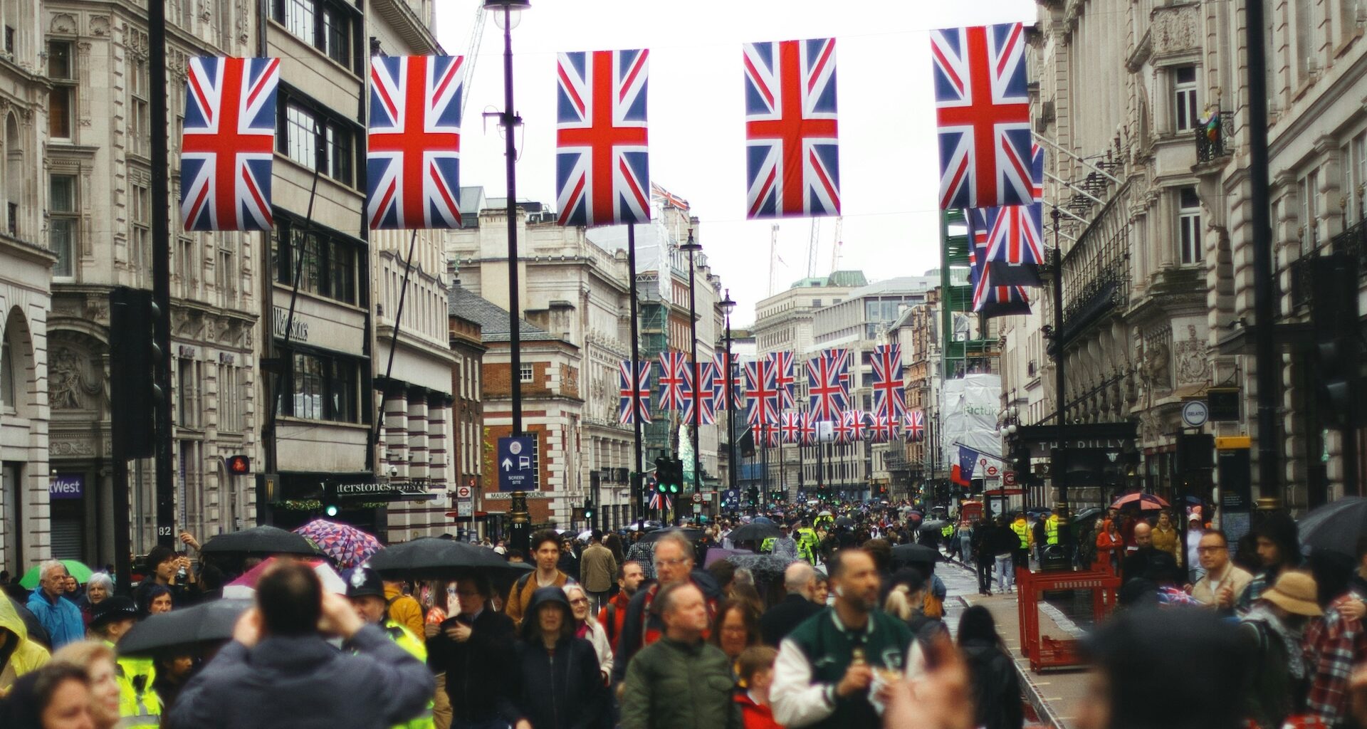 Union Jacks line the streets of central London.