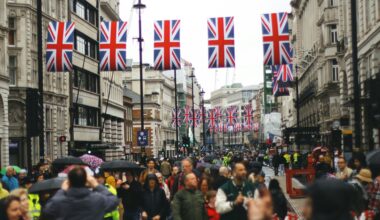 Union Jacks line the streets of central London.