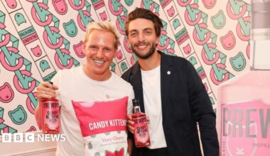 Candy Kittens co-founders Jamie Laing and Edward Williams pose with the company's products