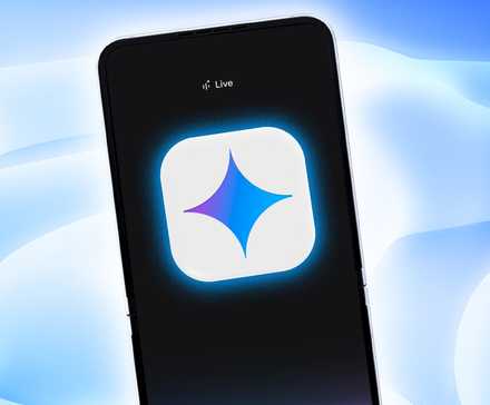 A smartphone screen displaying a glowing app icon with a star-like design, set against a soft blue, cloud-like background.