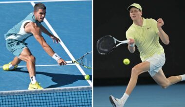 Carlos Alcaraz and Jannik Sinner in action at the 2025 Australian Open.