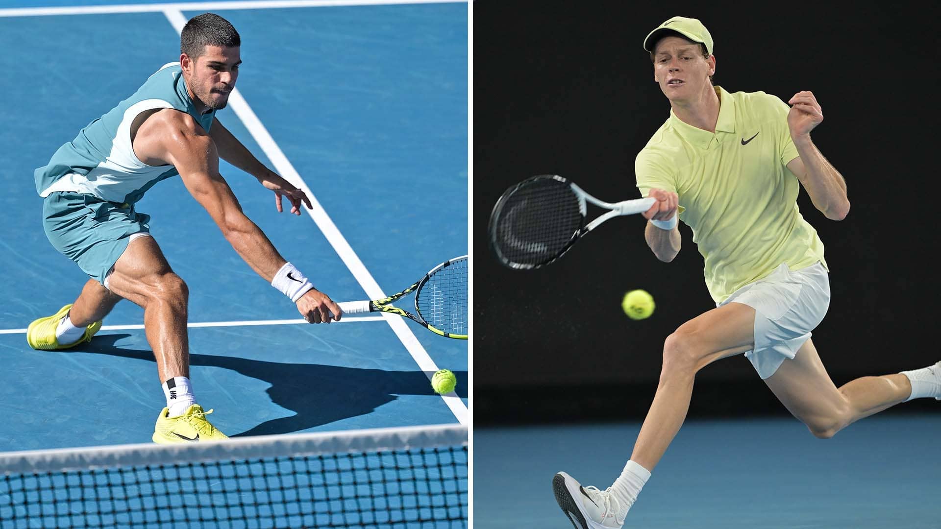 Carlos Alcaraz and Jannik Sinner in action at the 2025 Australian Open.