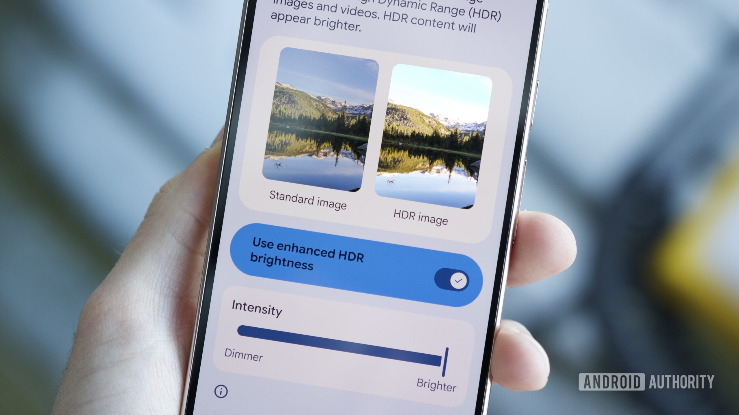 A Pixel phone, showing the new Enhanced HDR brightness settings in Android 16 QPR2.