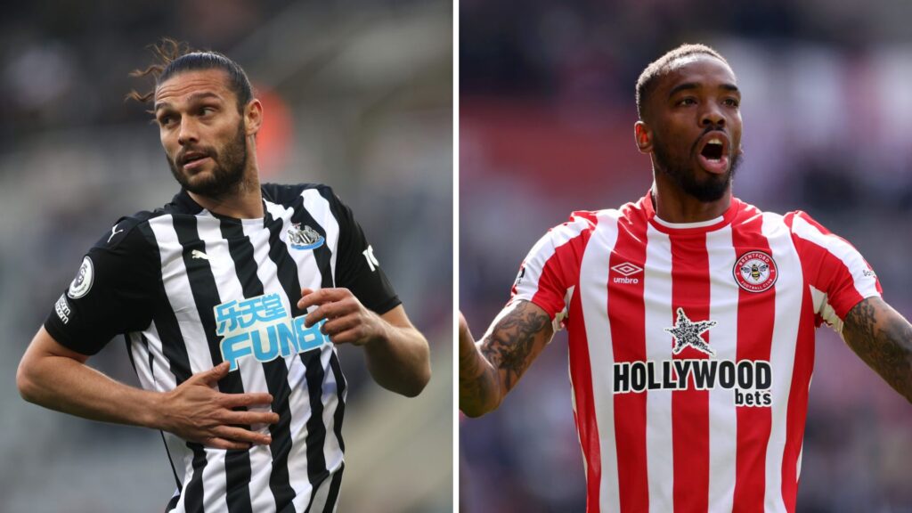 Andy Carroll playing for Newcastle United, Ivan Toney playing for Brentford.