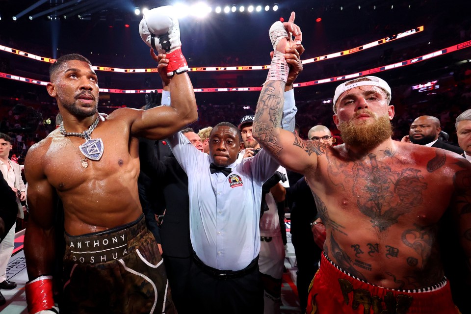Anthony Joshua celebrates victory over Jake Paul after their heavyweight bout during Jake Paul v Anthony Joshua at Kaseya Center