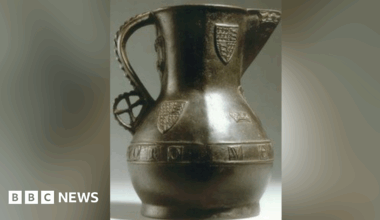 The Wenlok Jug is a bronze jug with two coat of arms on the design.