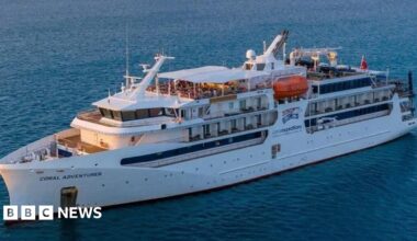 A file photo showing the Coral Adventurer cruise ship anchored near Cairns in November.