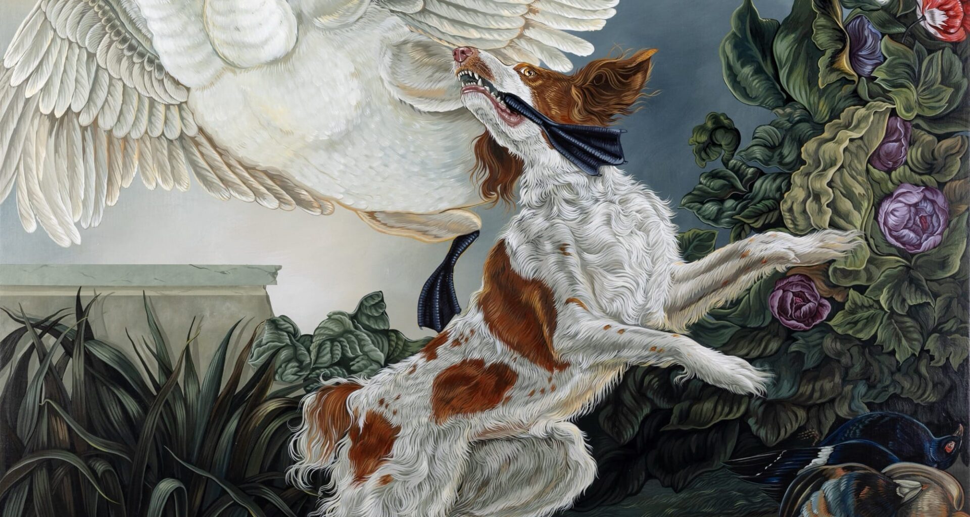 A painting by Sabrina Bockler of a two-headed goose being grabbed by the foot by a hunting dog, surrounded by flowers
