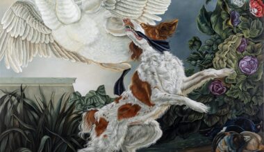 A painting by Sabrina Bockler of a two-headed goose being grabbed by the foot by a hunting dog, surrounded by flowers