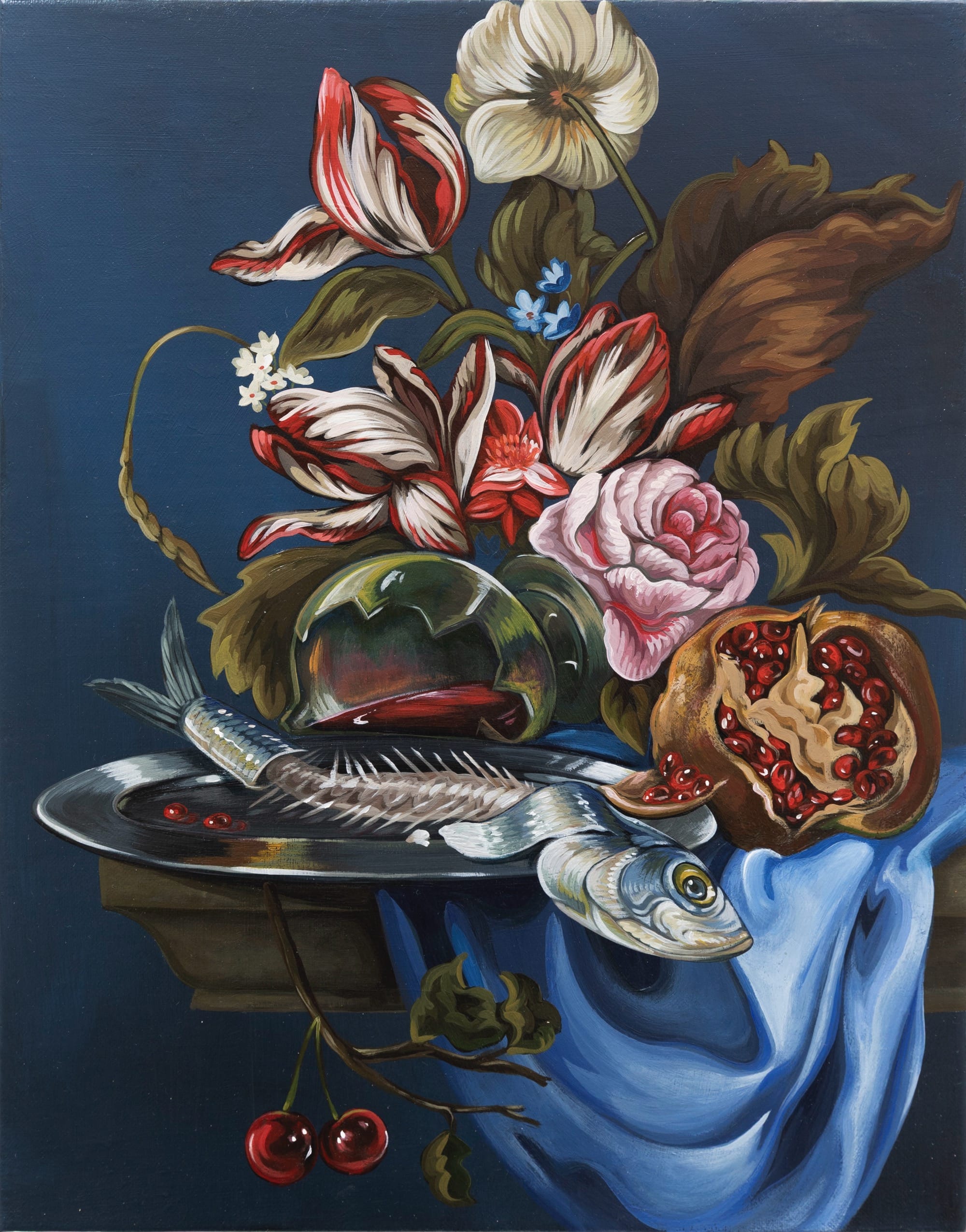 A still-life painting by Sabrina Bockler of flowers on a small table with a blue cloth