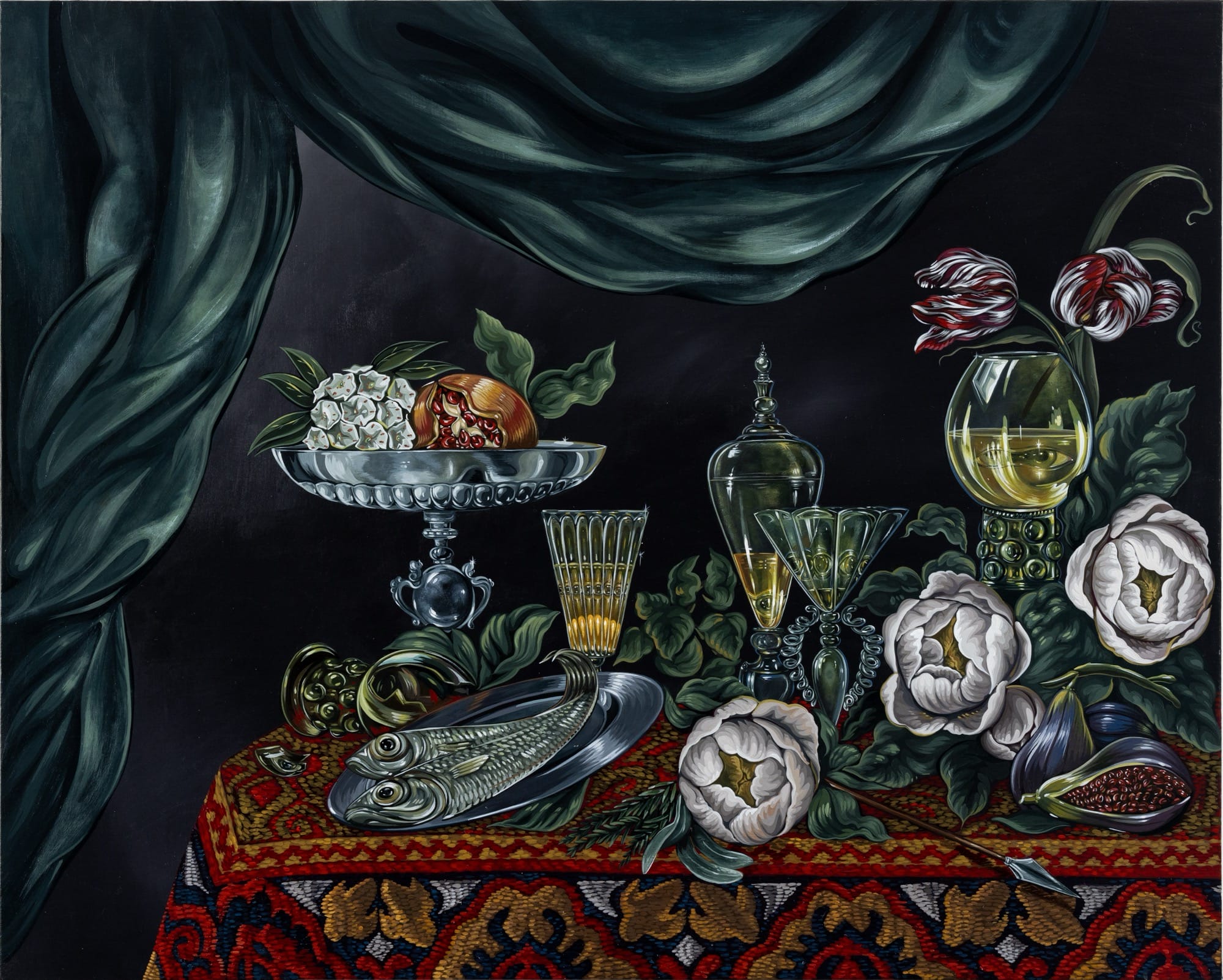 A still-life painting by Sabrina Bockler of a table pull of peonies, vessels, fish, and fruit, with eyes peering out here and there