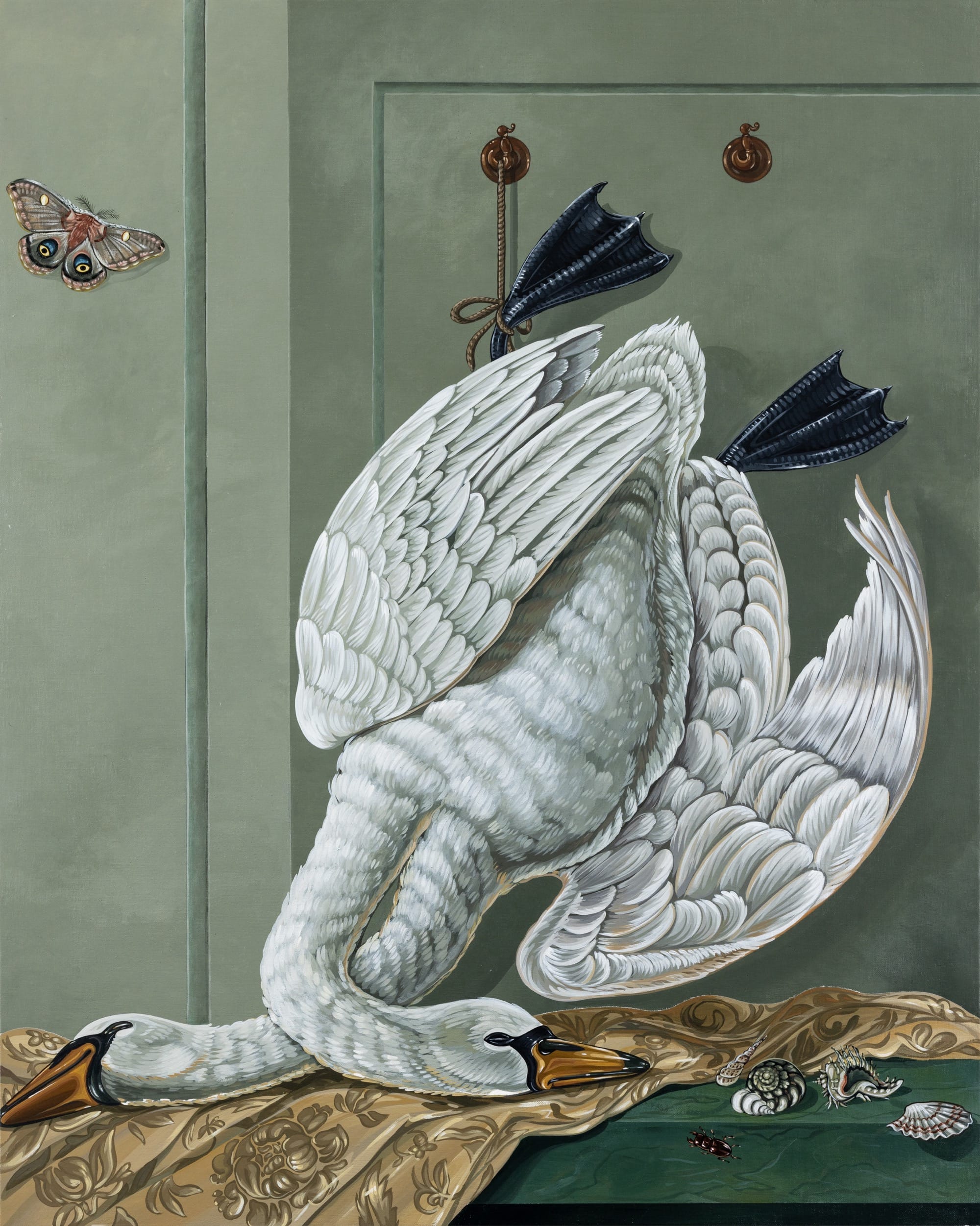 A painting by Sabrina Bockler of a dead two-headed goose hanging upside-down from a peg
