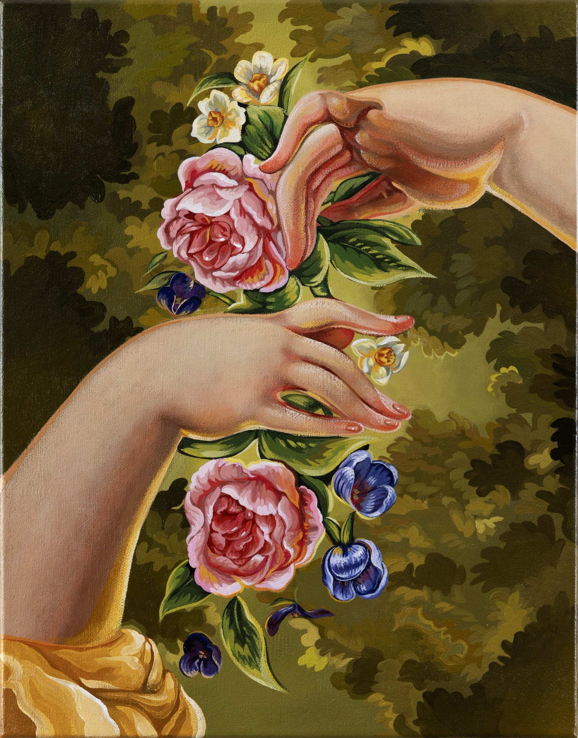 A painting by Sabrina Bockler of two hands holding a string of flowers