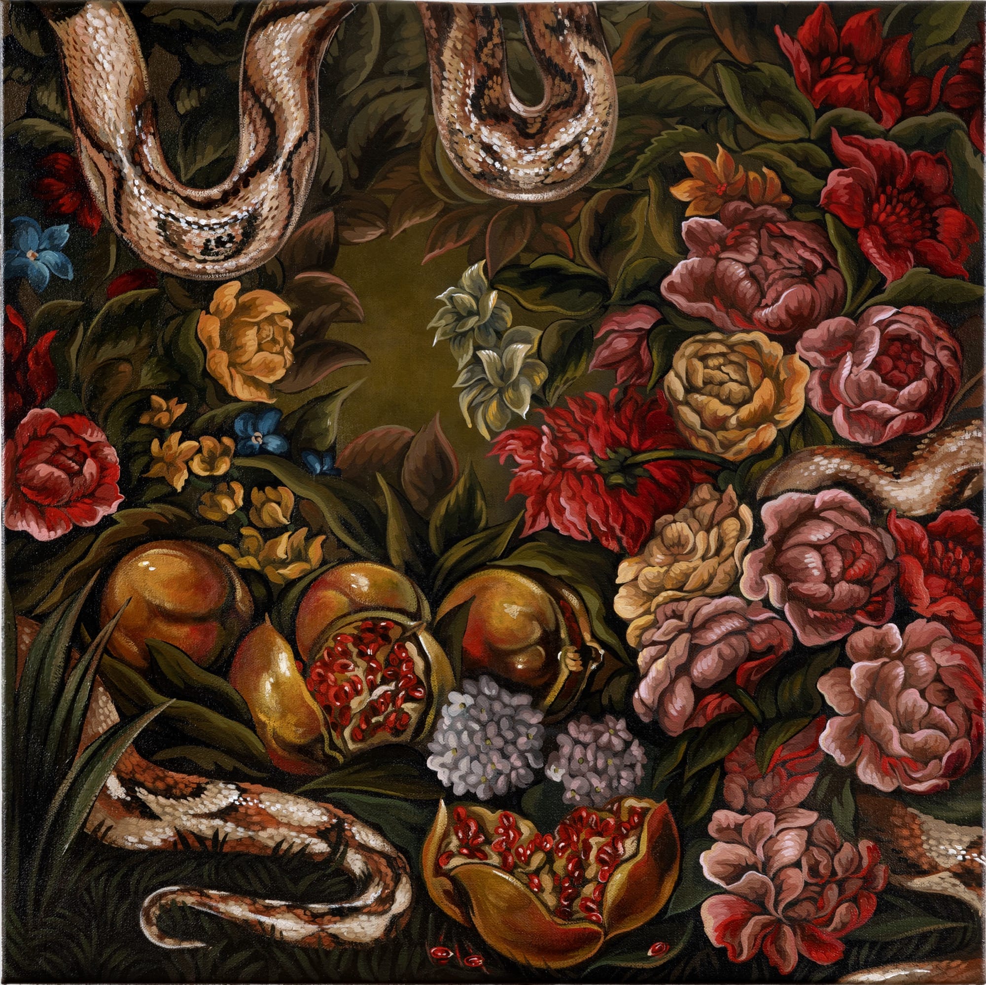 A painting by Sabrina Bockler of florals, snakes, and other creatures