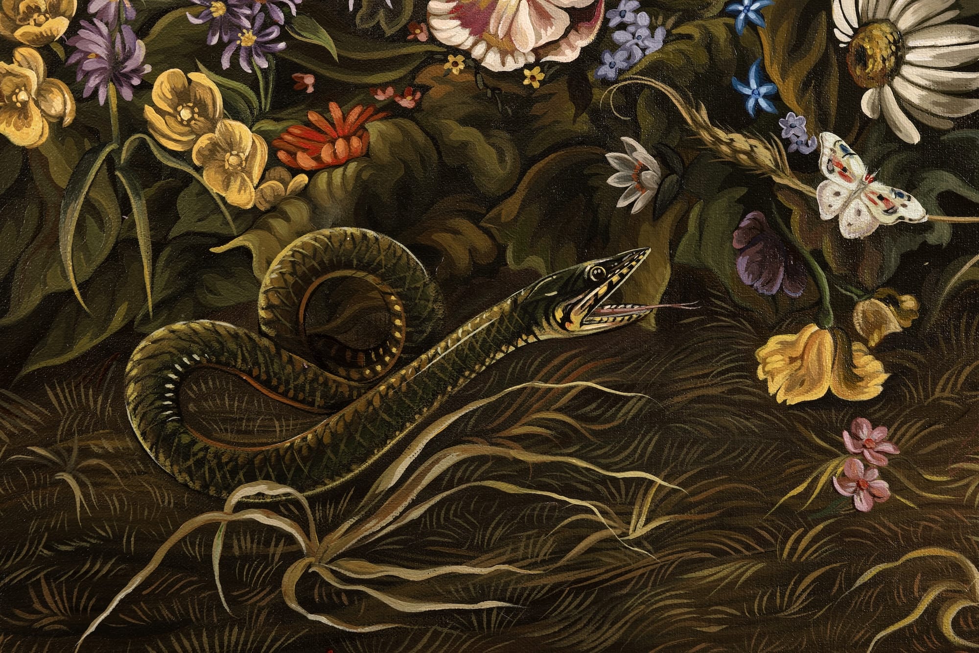 A detail of a painting by Sabrina Bockler of florals, snakes, and other creatures