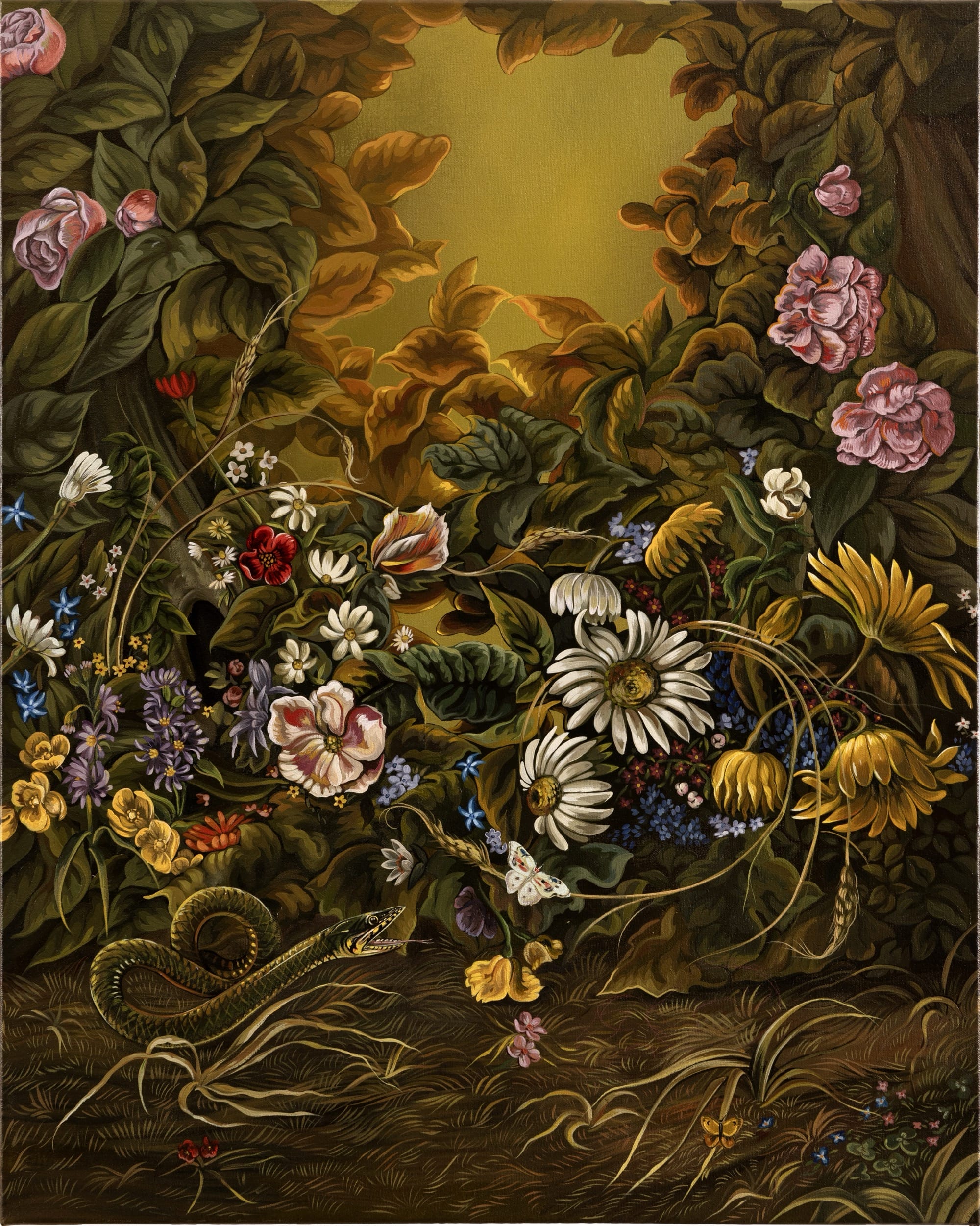 A painting by Sabrina Bockler of florals, snakes, and other creatures