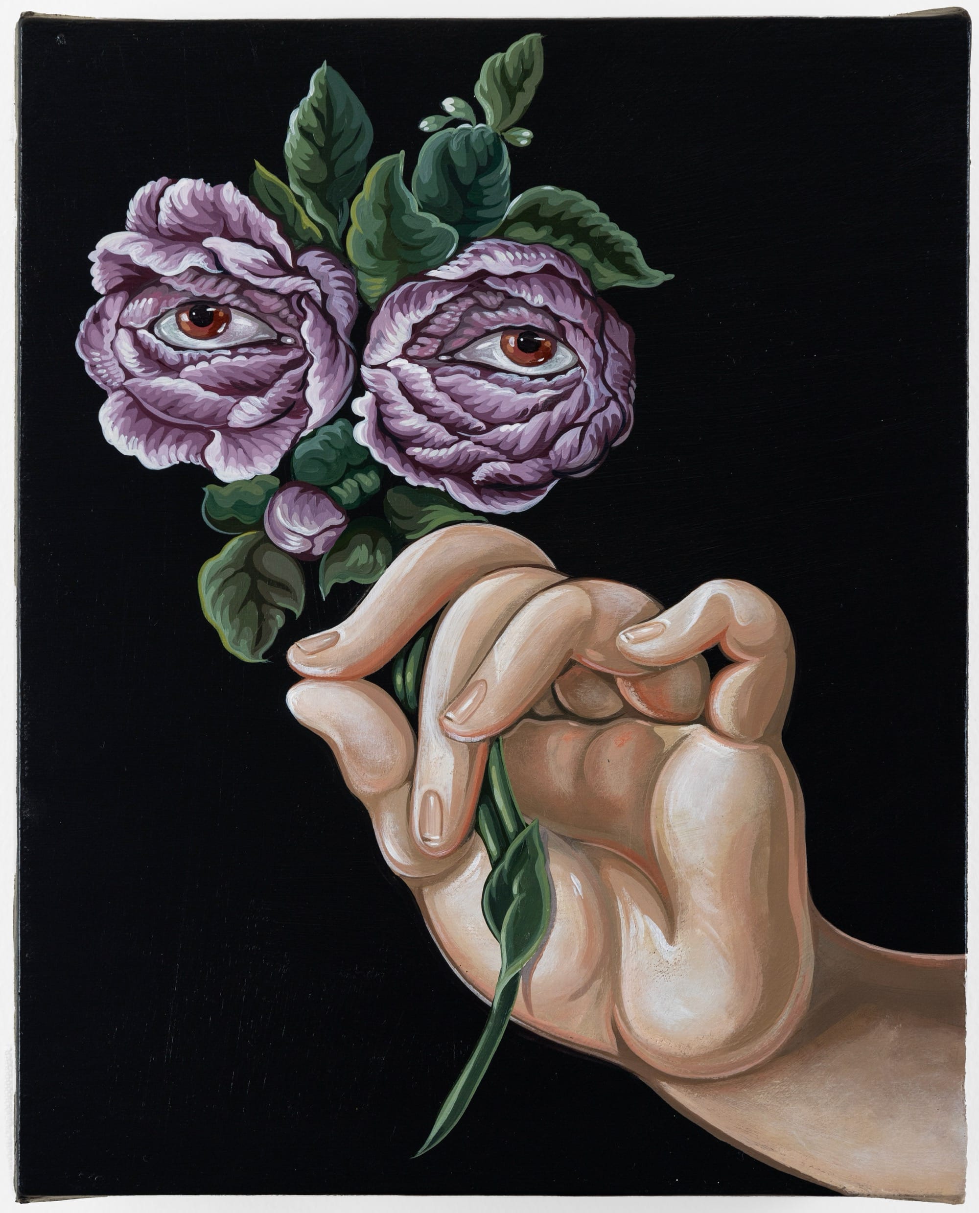 A painting by Sabrina Bockler of a hand holding two purple peonies that, next to each other, look like human eyes