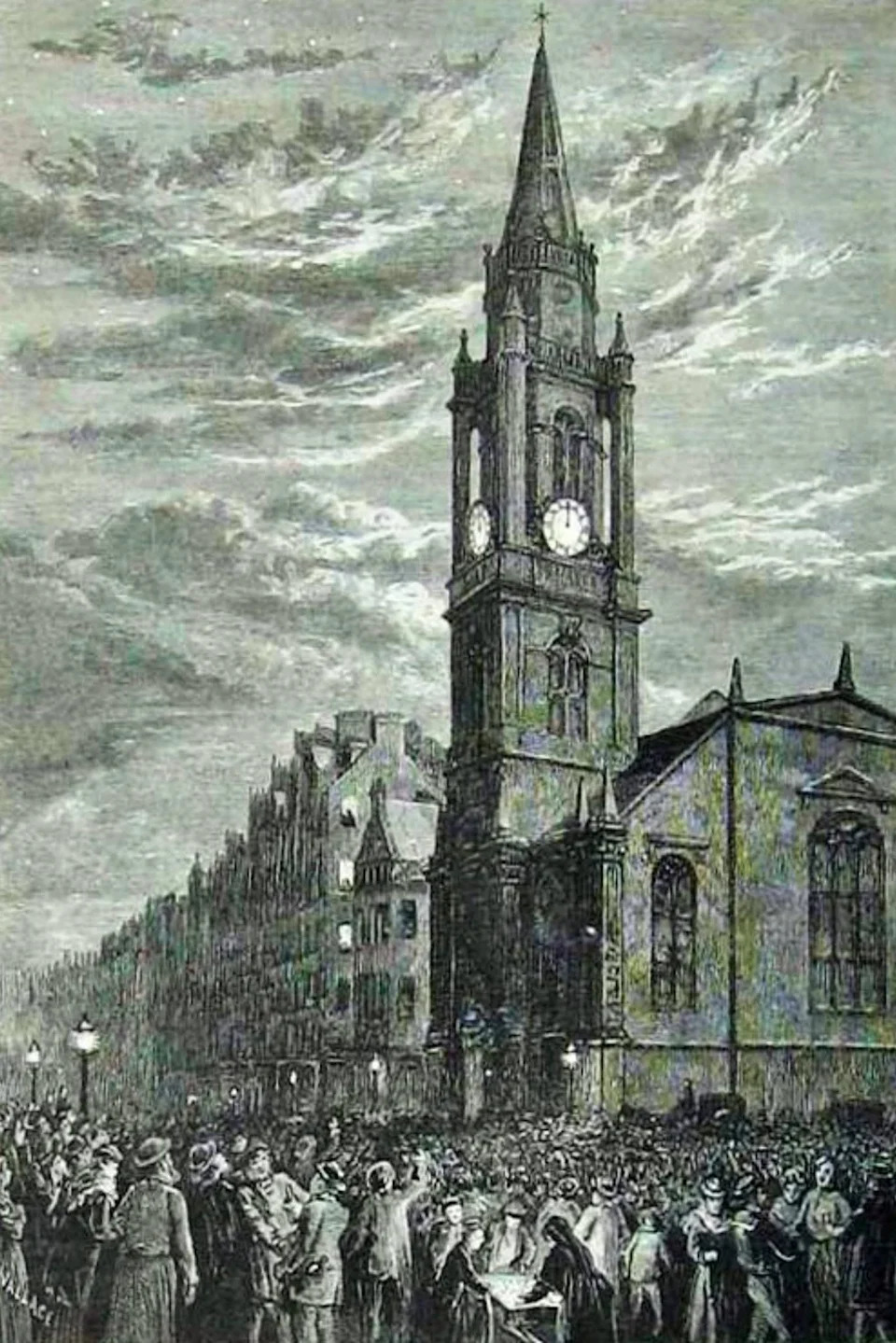 A black and white drawing of the Tron church with lots of people all around it. The clock face shows midnight.