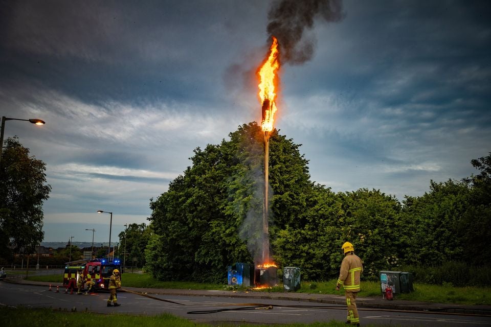 Emergency services at the scene of a 5g mast fire in Poleglass