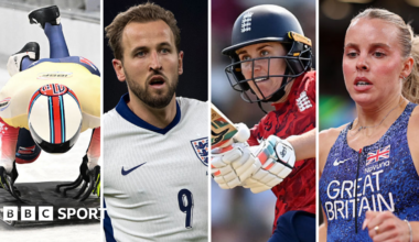 Split picture of skeleton racer Matt Weston, England footballer Harry Kane, England cricketer Nat Sciver-Brunt and 800m runner Keely Hodgkinson all in action. Weston is jumping on to his sled, Kane is wearing England kit, Sciver-Brunt is swinging her bat and Hodgkinson is running.