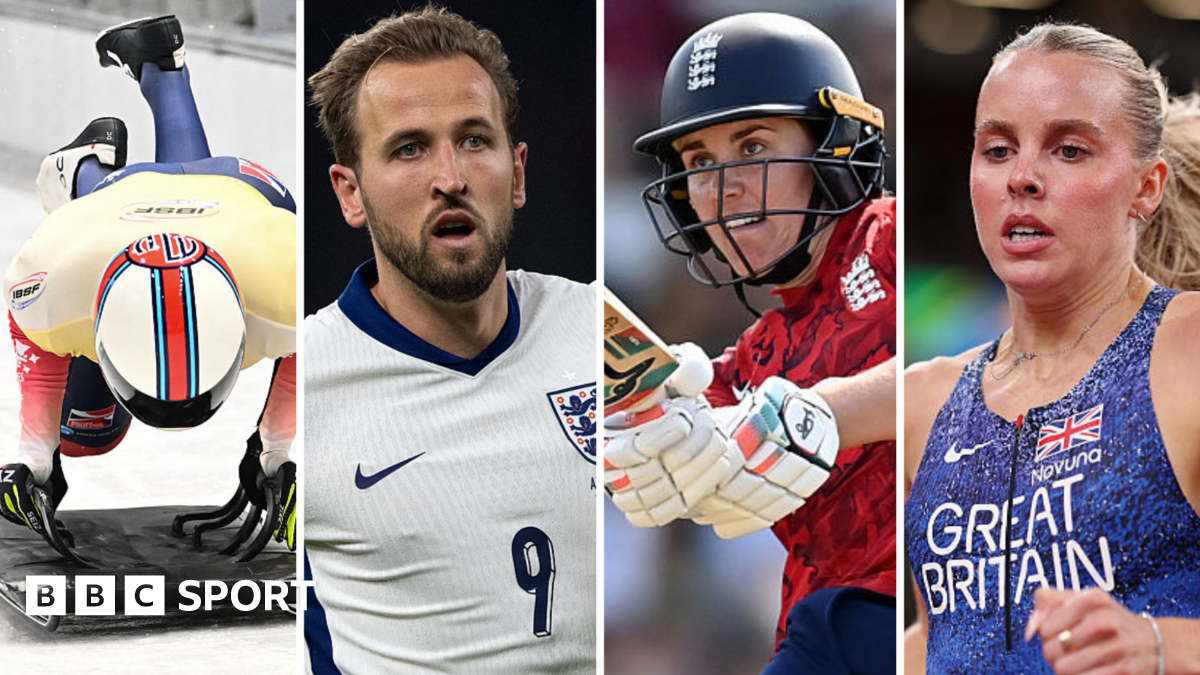 Split picture of skeleton racer Matt Weston, England footballer Harry Kane, England cricketer Nat Sciver-Brunt and 800m runner Keely Hodgkinson all in action. Weston is jumping on to his sled, Kane is wearing England kit, Sciver-Brunt is swinging her bat and Hodgkinson is running.