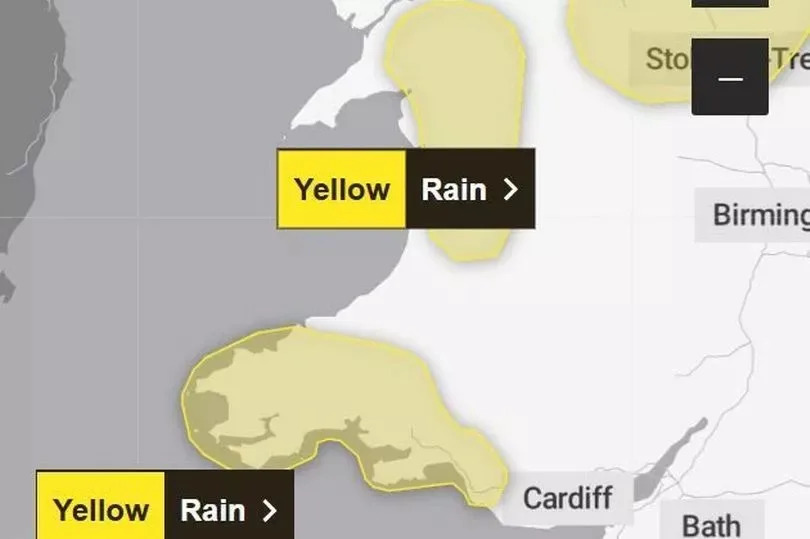 A weather map showing a yellow patch over South Wales