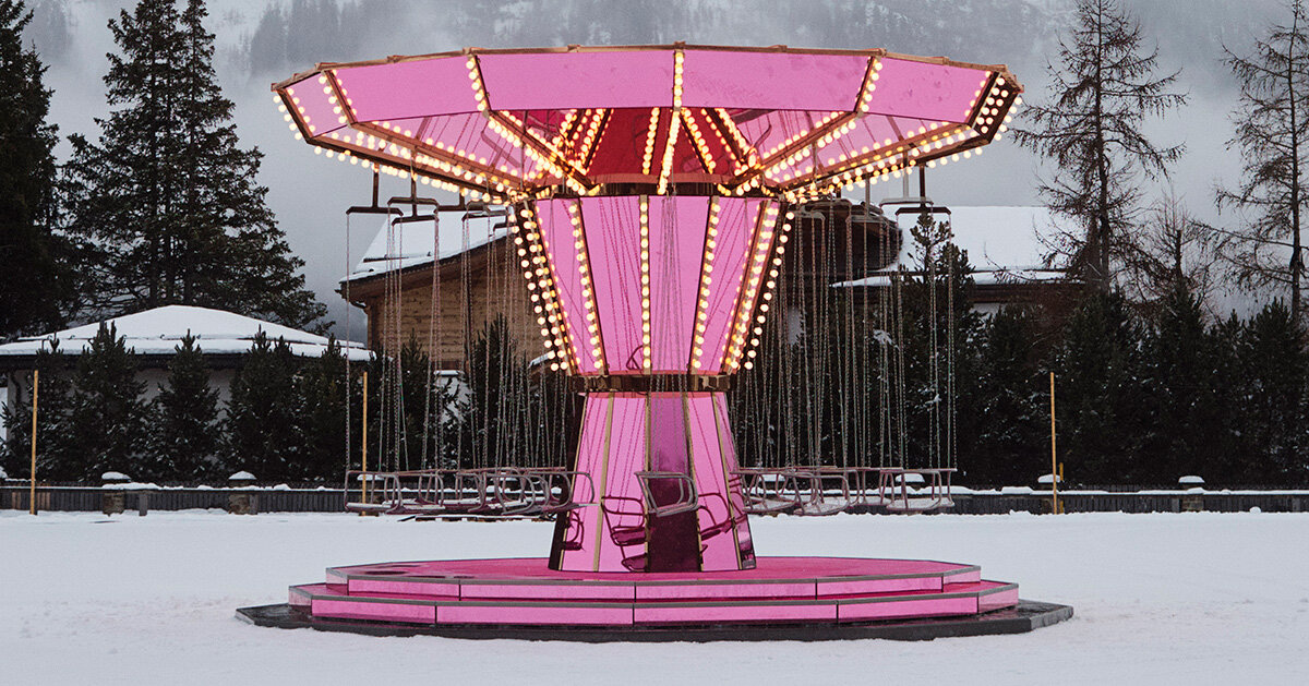 carsten höller's pink carousel rotates on the kulm hotel ice rink